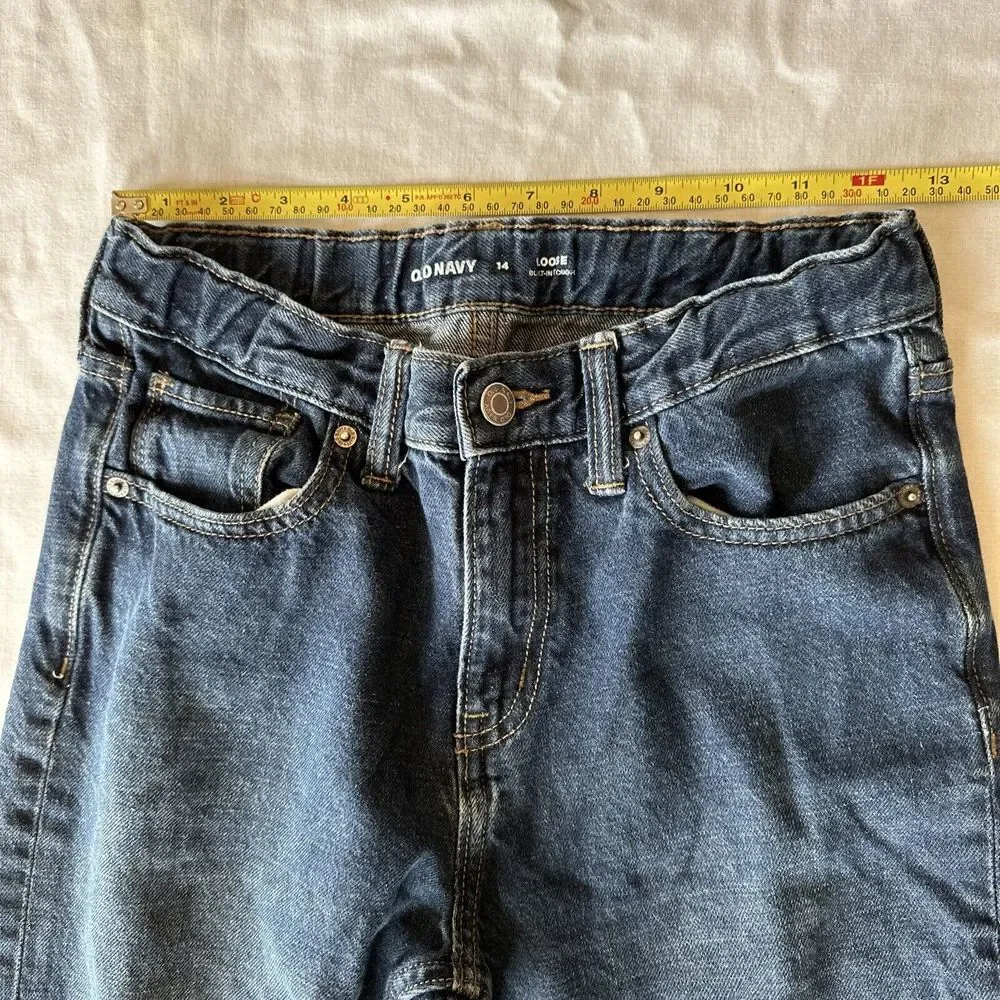 Old Navy Loose Straight Leg Jeans Boys‎ Size 14 Reg Blue Denim Adjustable Waist